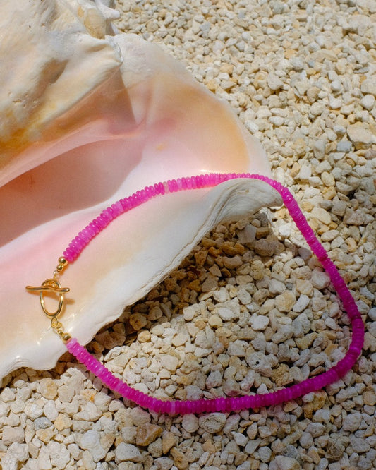 pink beaded necklace with gold clasp summer beach ocean boho trendy stylish stacked