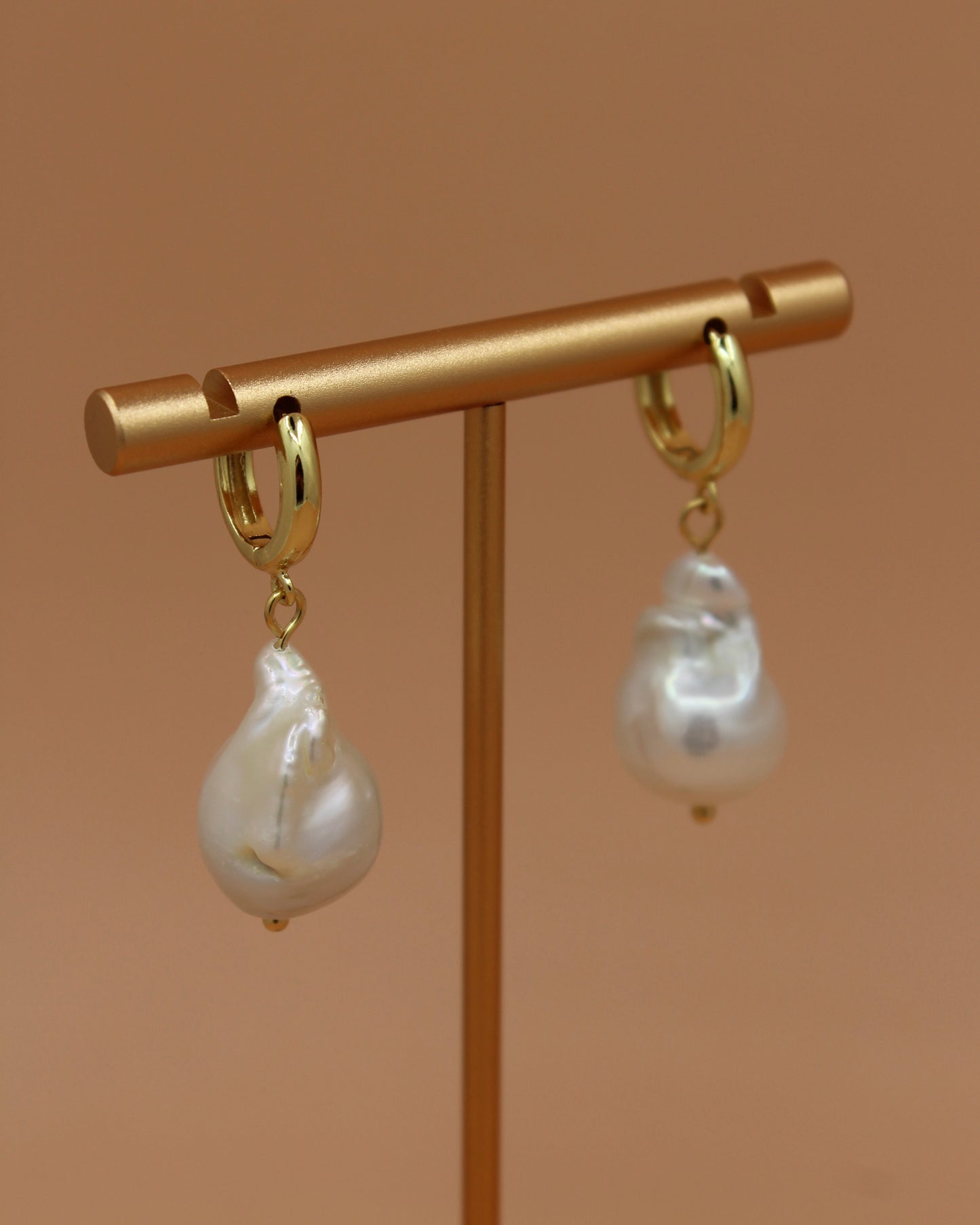 Handmade baroque freshwater pearl earrings on gold hoops, organic coastal jewelry by Cuya.