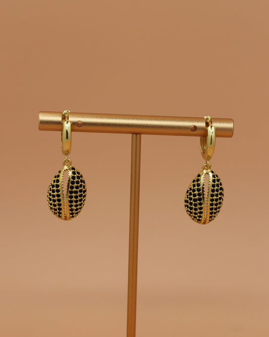 18k gold-plated hoop earrings with black MicroPavé shell pendant, bold coastal jewelry by Cuya.