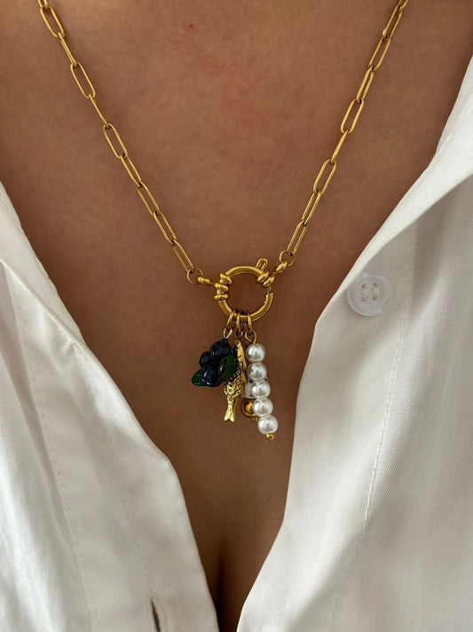 Gold linked necklace with charms summer fruits fish sardine pearls