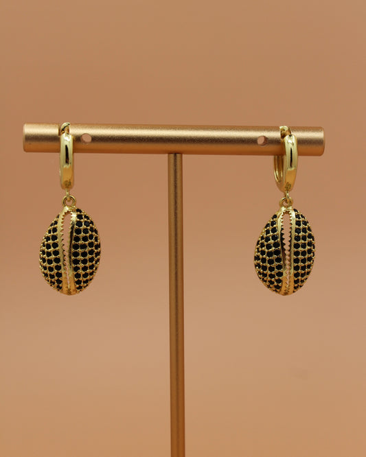 18k gold-plated hoop earrings with black MicroPavé shell pendant, bold coastal jewelry by Cuya.