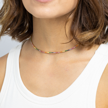 rainbow tennis necklace, gold tennis necklace, colorful dainty necklace, layering necklace, waterproof jewelry, trendy jewelry 2025, 18k gold plated necklace, handcrafted jewelry