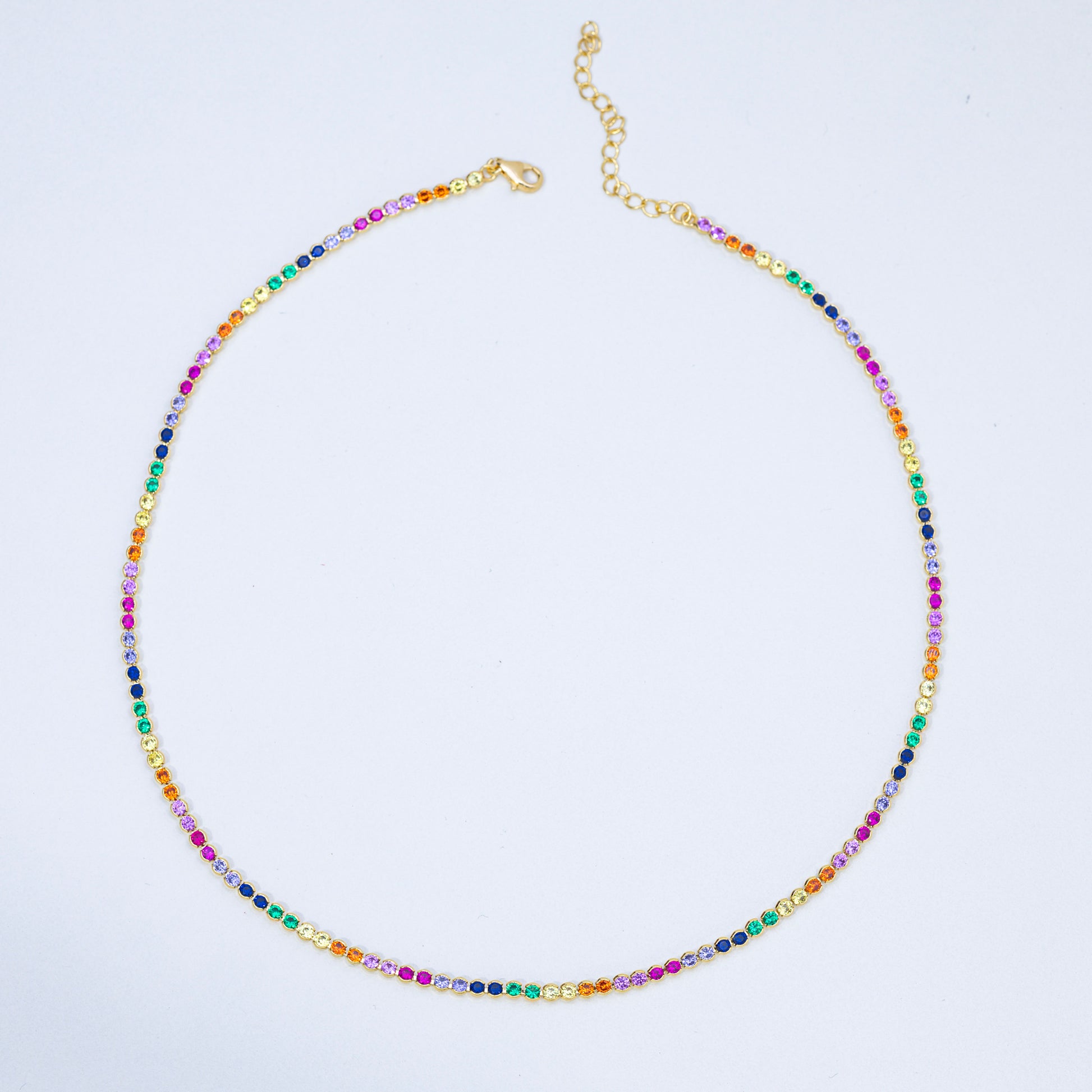rainbow tennis necklace, gold tennis necklace, colorful dainty necklace, layering necklace, waterproof jewelry, trendy jewelry 2025, 18k gold plated necklace, handcrafted jewelry