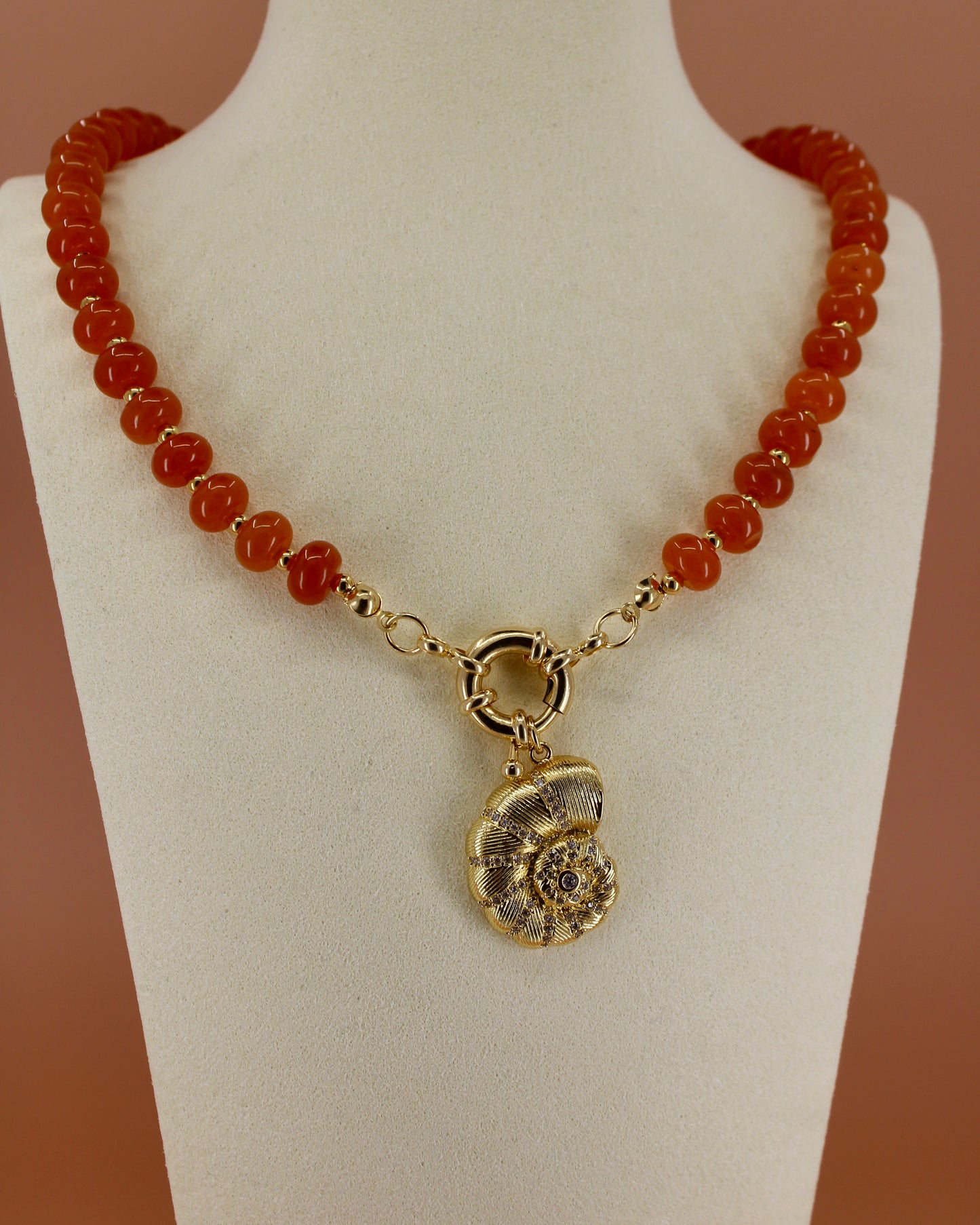 Handmade beaded necklaces in navy blue, green, yellow and orange with gold sailor clasps for interchangeable charms, customizable coastal jewelry by Cuya.