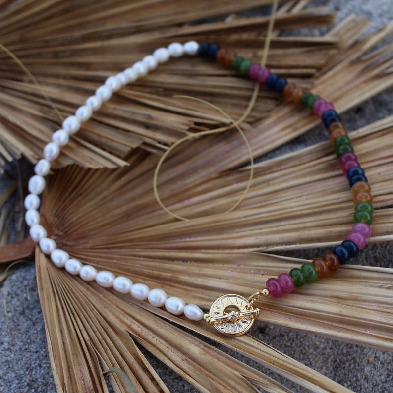 Colorful beaded necklace with a gold sun clasp and freshwater pearls beach summer trendy stack 