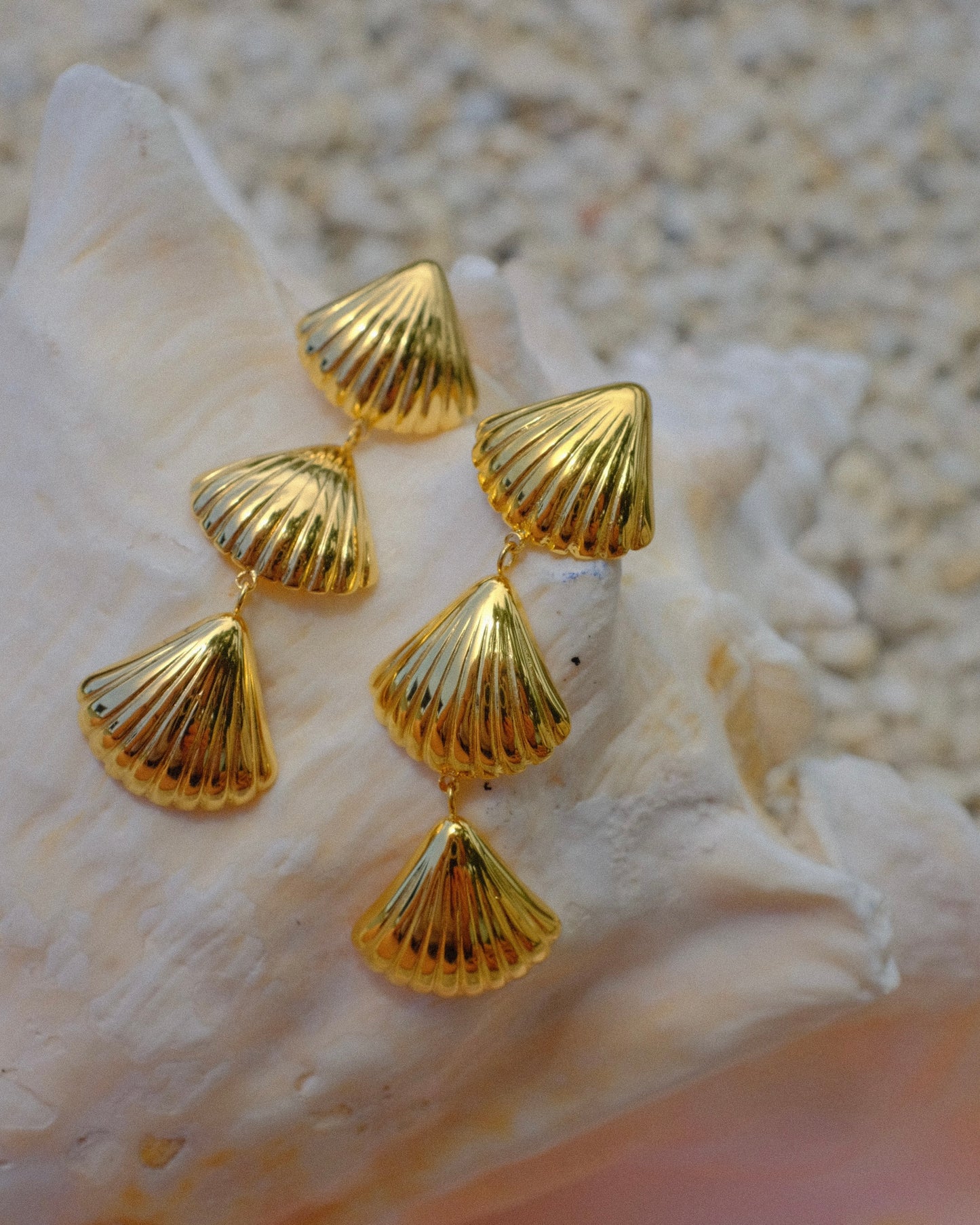 Gold shell-shaped earrings on a seashell beachy summer beach ocean sea hippie boho chic travel trendy stylish style