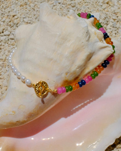Colorful beaded necklace with a gold sun clasp and freshwater pearls beach summer trendy stack 