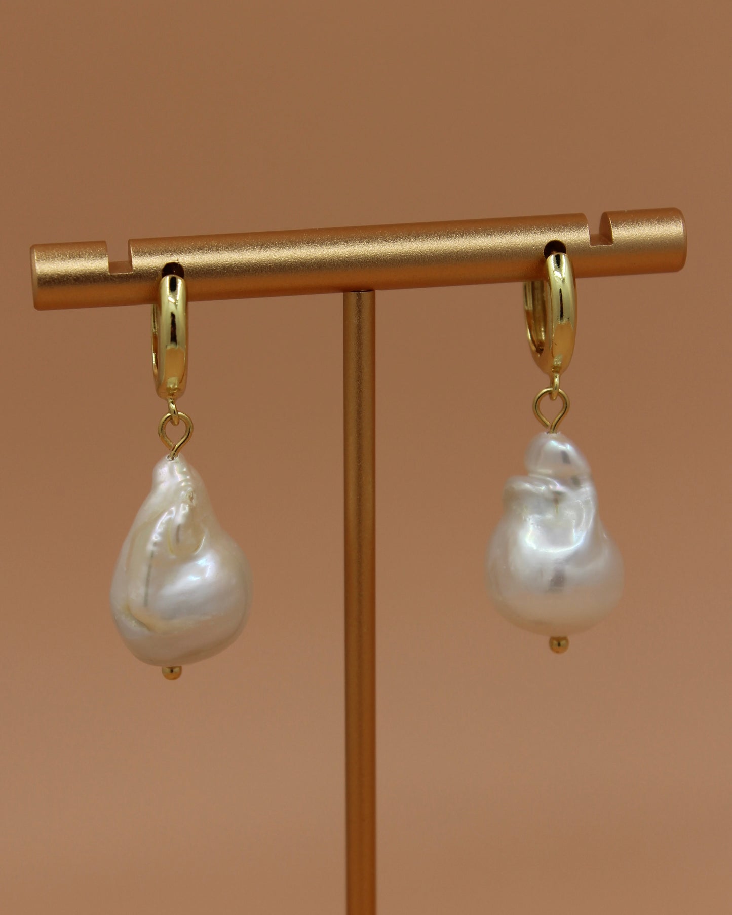 Handmade baroque freshwater pearl earrings on gold hoops, organic coastal jewelry by Cuya.