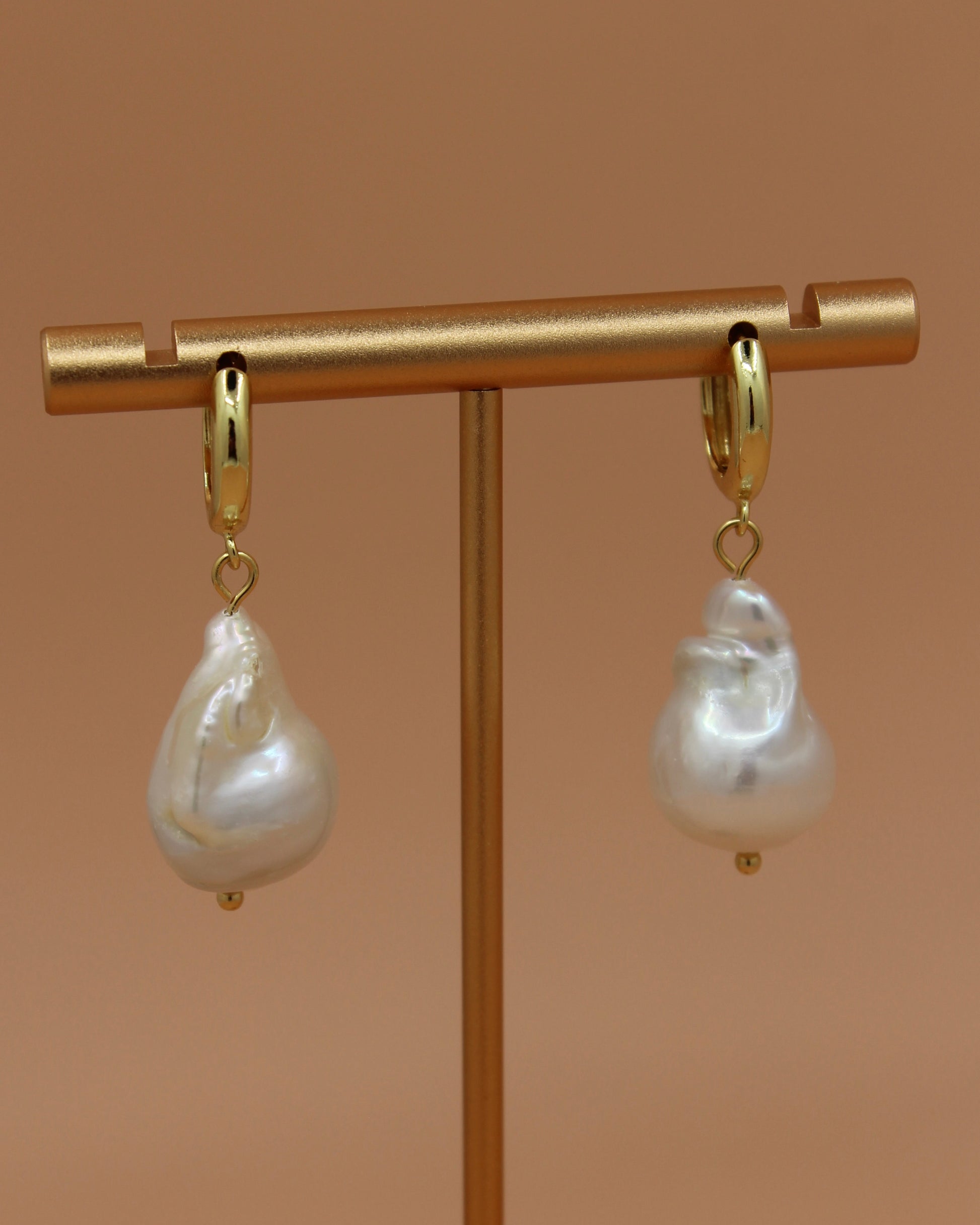 Handmade baroque freshwater pearl earrings on gold hoops, organic coastal jewelry by Cuya.