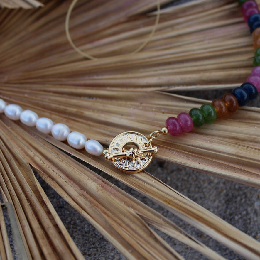 Colorful beaded necklace with a gold sun clasp and freshwater pearls beach summer trendy stack 
