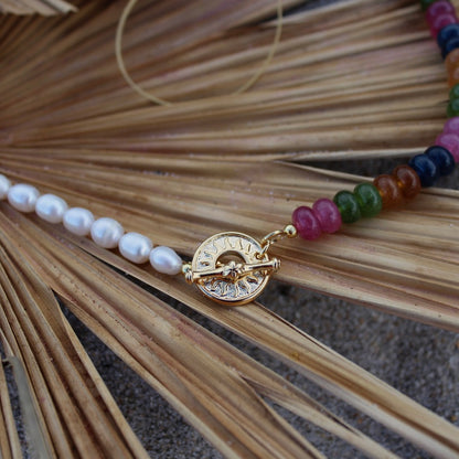 Colorful beaded necklace with a gold sun clasp and freshwater pearls beach summer trendy stack 