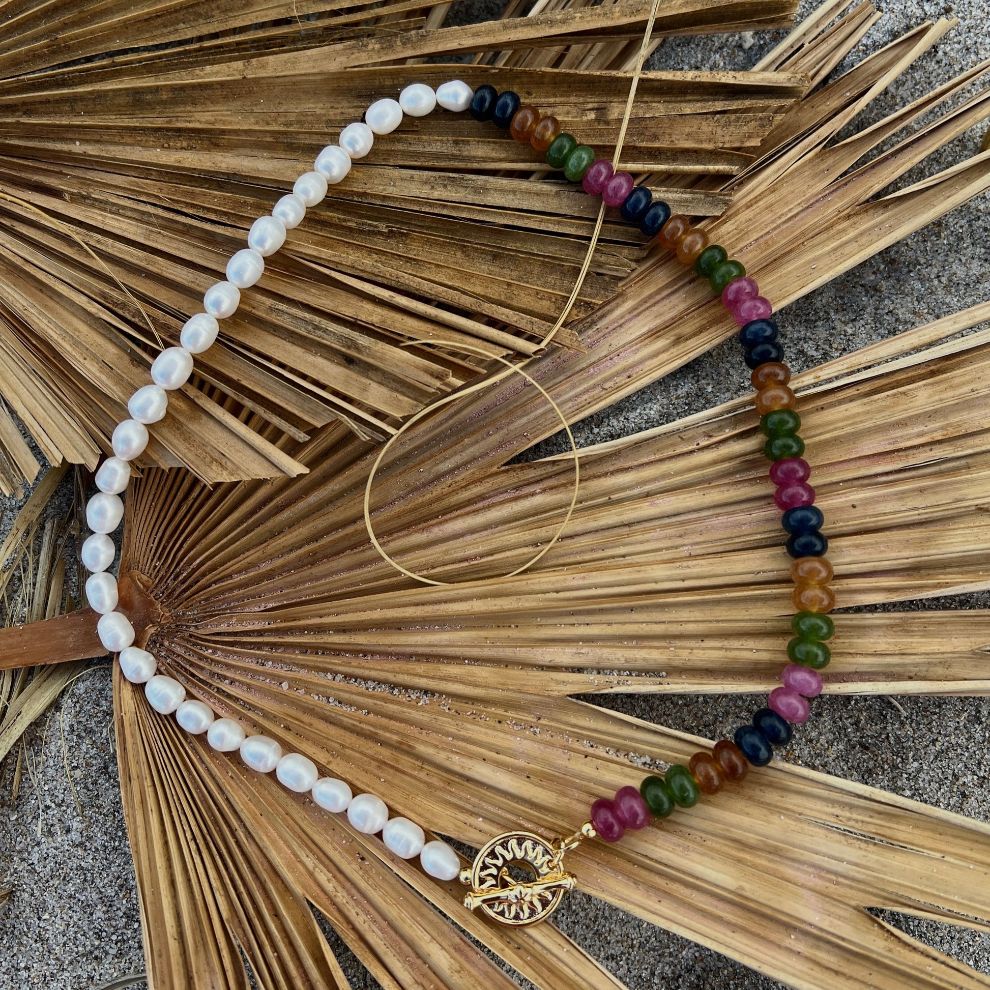 Colorful beaded necklace with a gold sun clasp and freshwater pearls beach summer trendy stack 