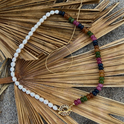 Colorful beaded necklace with a gold sun clasp and freshwater pearls beach summer trendy stack 