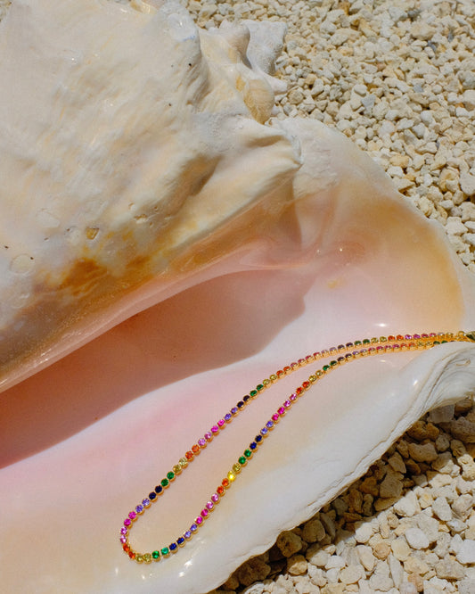 rainbow tennis necklace, gold tennis necklace, colorful dainty necklace, layering necklace, waterproof jewelry, trendy jewelry 2025, 18k gold plated necklace, handcrafted jewelry