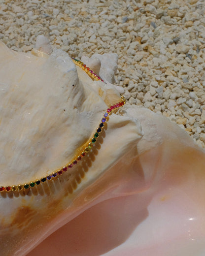 rainbow tennis necklace, gold tennis necklace, colorful dainty necklace, layering necklace, waterproof jewelry, trendy jewelry 2025, 18k gold plated necklace, handcrafted jewelry