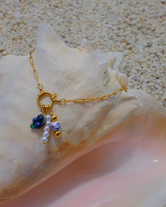 Gold linked necklace with charms summer fruits fish sardine pearls