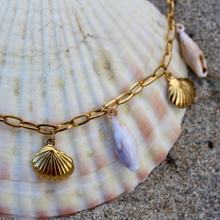 Gold chain necklace with shell pendants on a seashell against a sandy background
