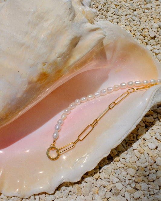 pearl and chain necklace, toggle clasp necklace, freshwater pearl choker, trendy gold necklace 2025, edgy pearl jewelry, handmade coastal jewelry, half pearl necklace, Cuya jewelry