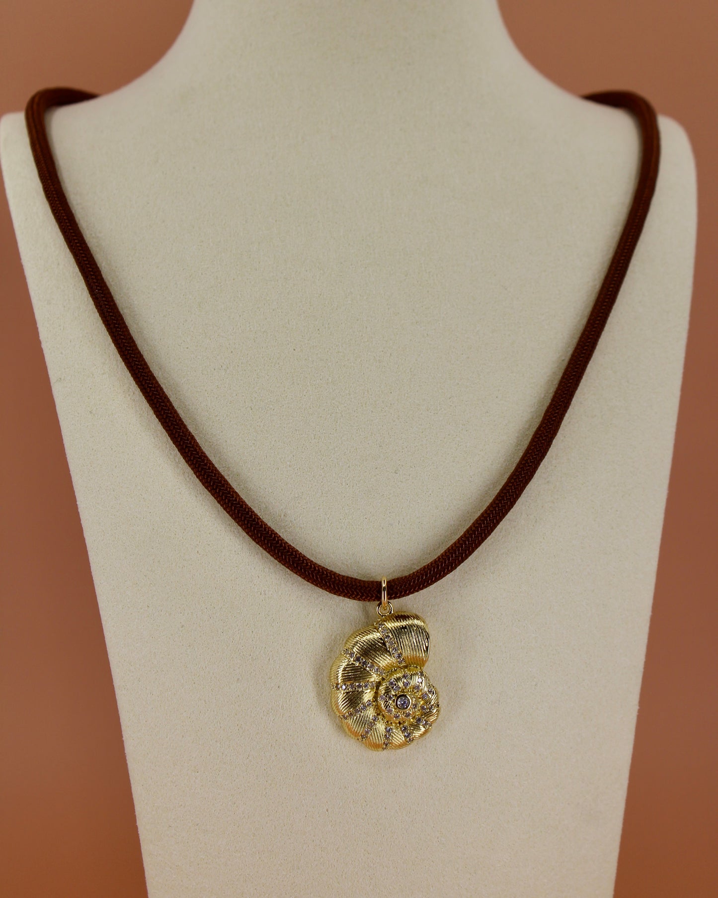 Handmade paracord necklace with gold shell charm, choose from two pendant options, coastal-inspired jewelry by Cuya.