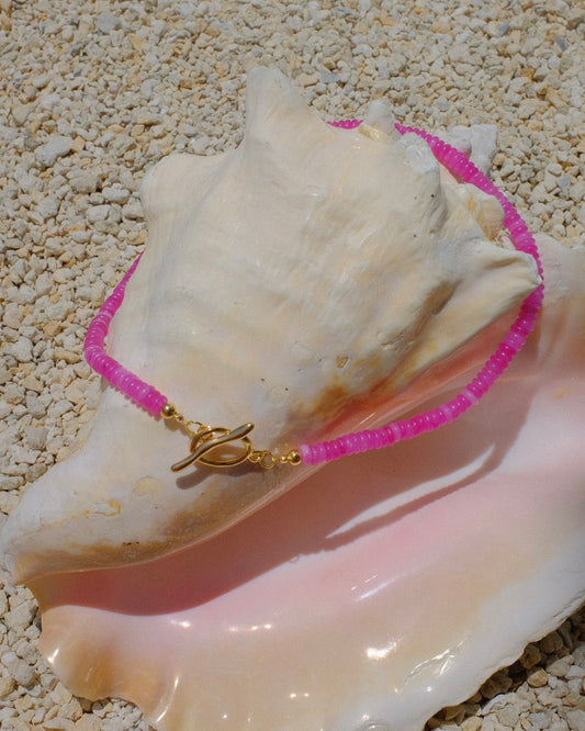 pink beaded necklace with gold clasp summer beach ocean boho trendy stylish stacked