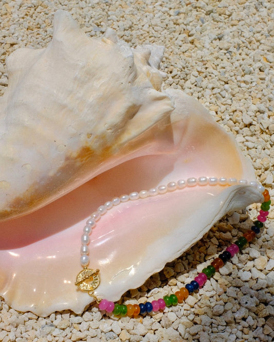 Colorful beaded necklace with a gold sun clasp and freshwater pearls beach summer trendy stack 