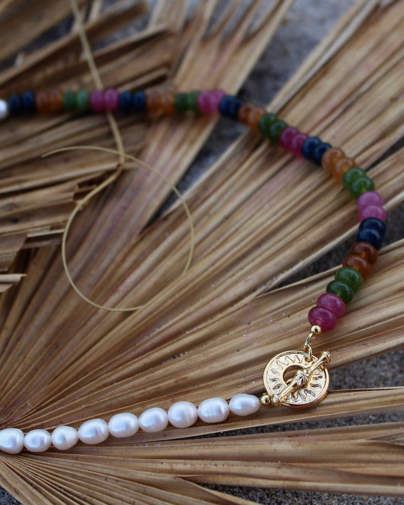 Colorful beaded necklace with a gold sun clasp and freshwater pearls beach summer trendy stack 