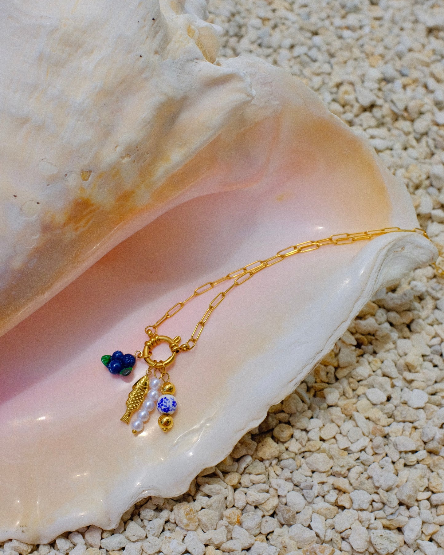 Gold linked necklace with charms summer fruits fish sardine pearls