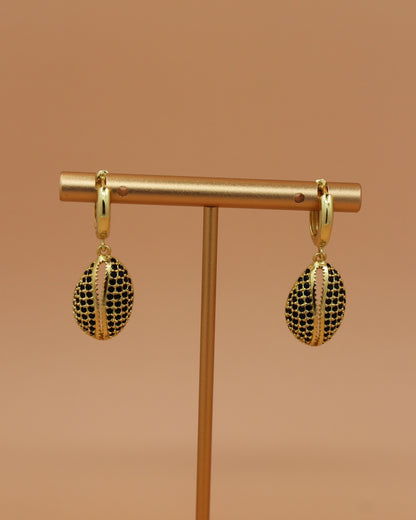 18k gold-plated hoop earrings with black MicroPavé shell pendant, bold coastal jewelry by Cuya.