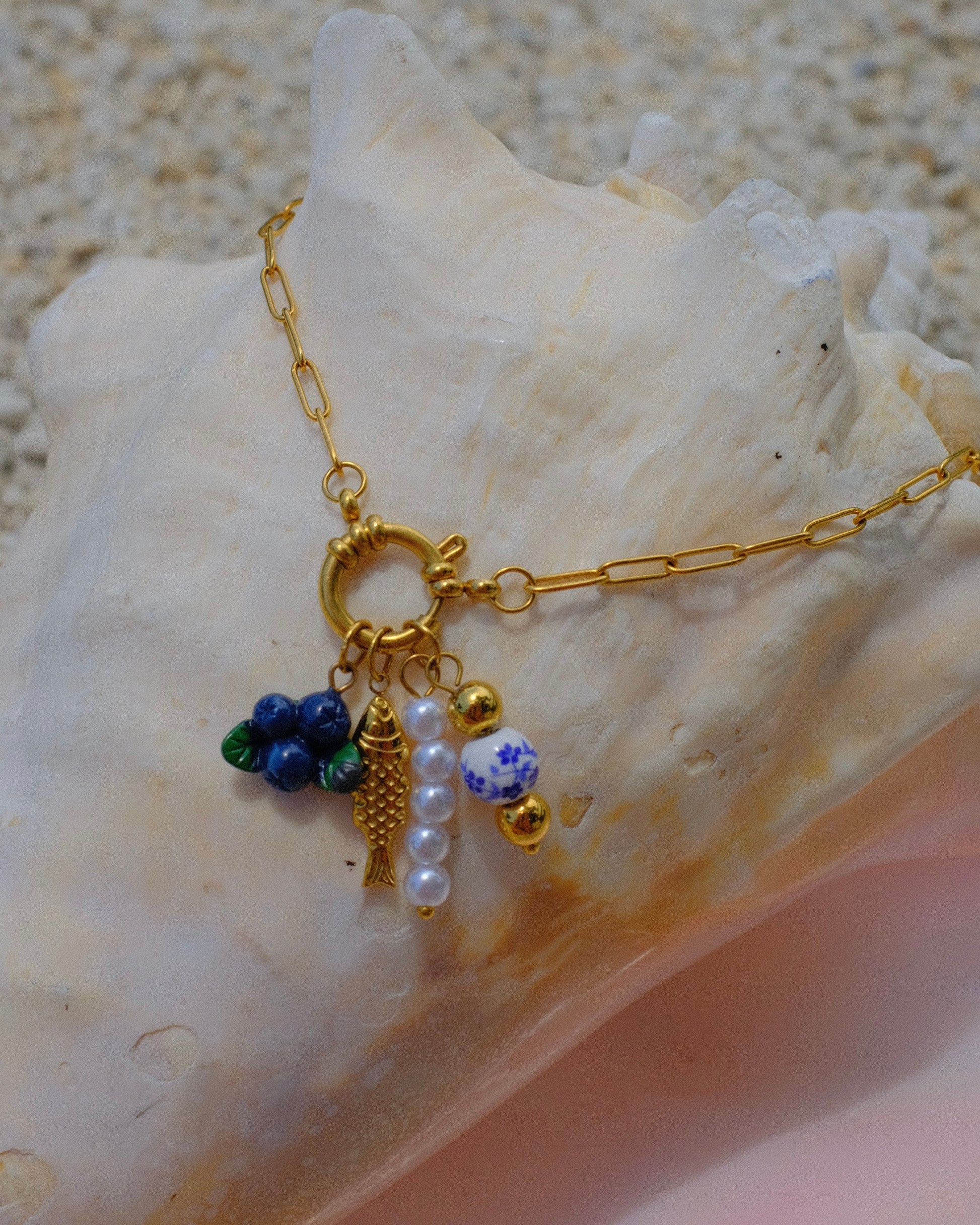 Gold linked necklace with charms summer fruits fish sardine pearls