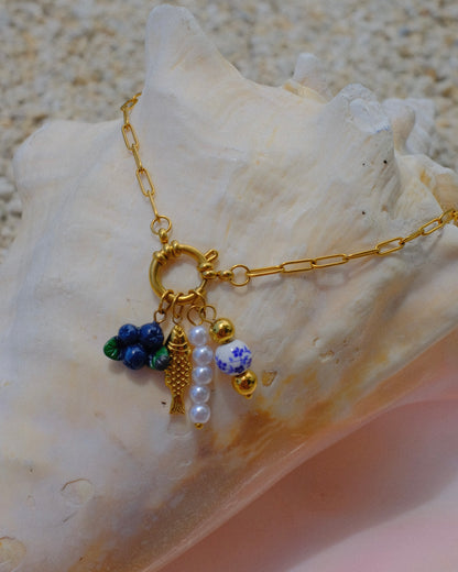 Gold linked necklace with charms summer fruits fish sardine pearls