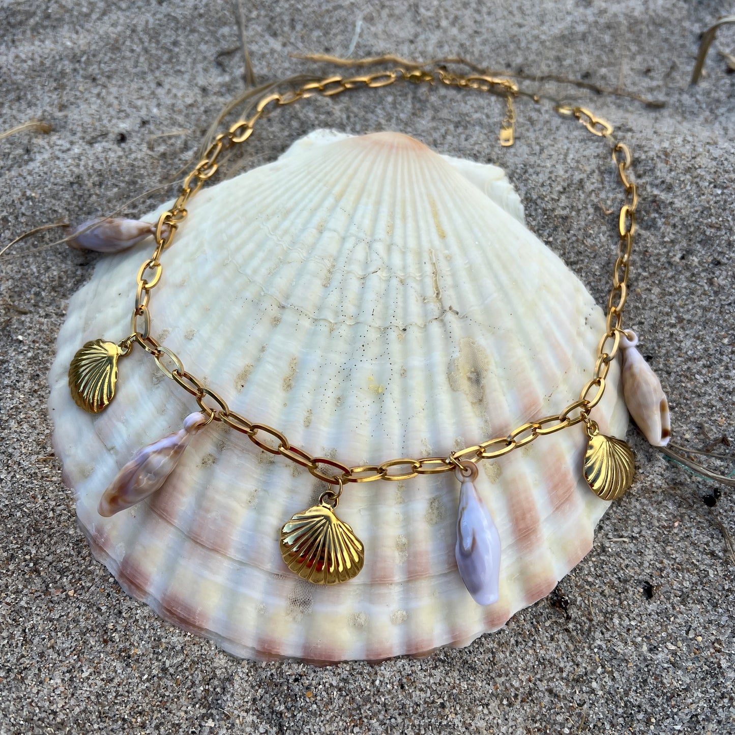 Gold chain bracelet with shell charms on a large shell on sandy surface