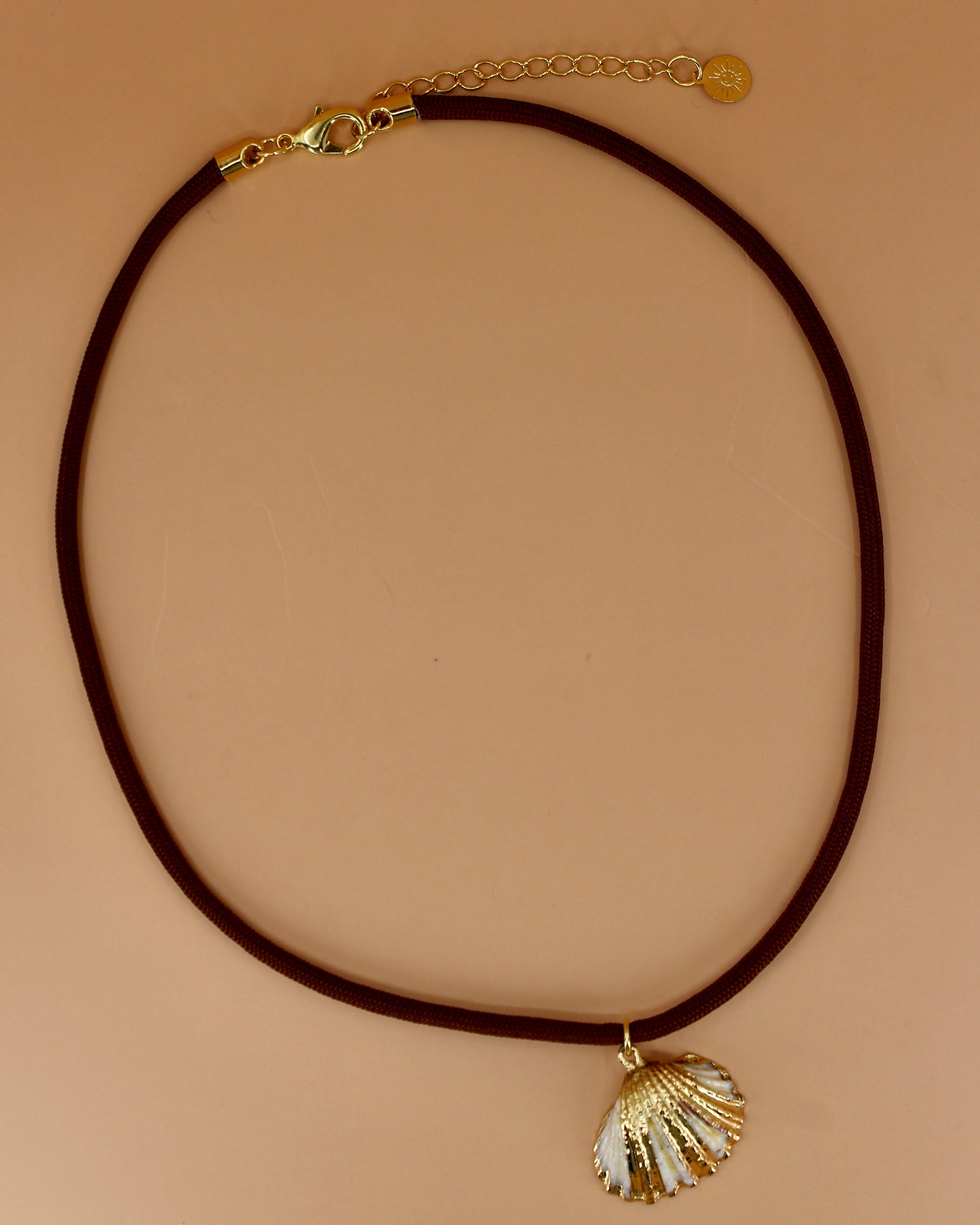 Handmade paracord necklace with gold shell charm, choose from two pendant options, coastal-inspired jewelry by Cuya.