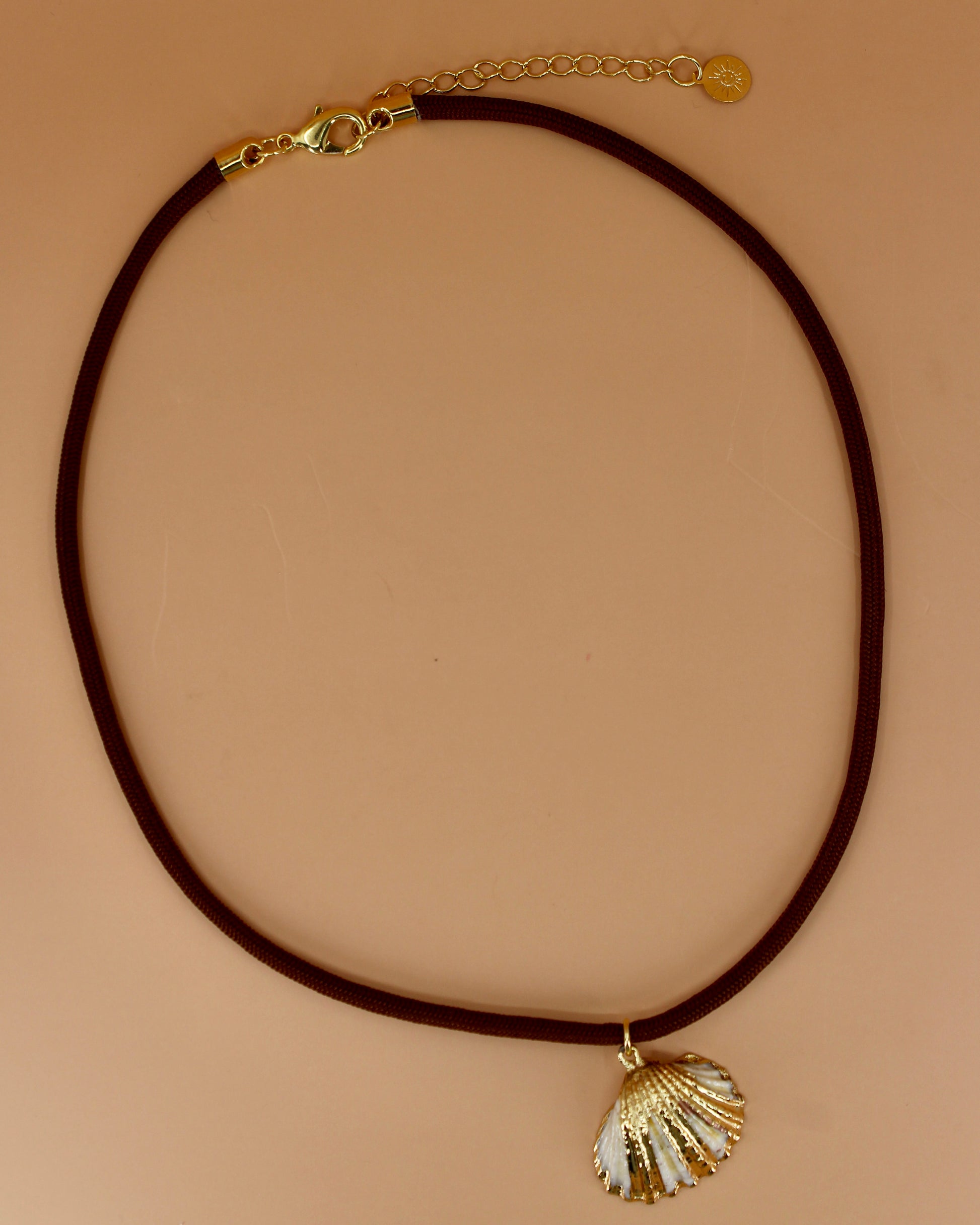 Handmade paracord necklace with gold shell charm, choose from two pendant options, coastal-inspired jewelry by Cuya.