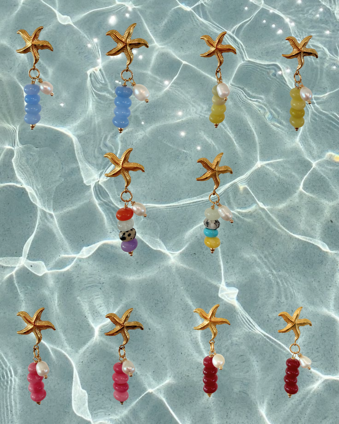 Limited-edition starfish earrings featuring gold-plated stainless steel, jade beads, and freshwater pearls. Handmade in small batches by Cuya Jewelry.